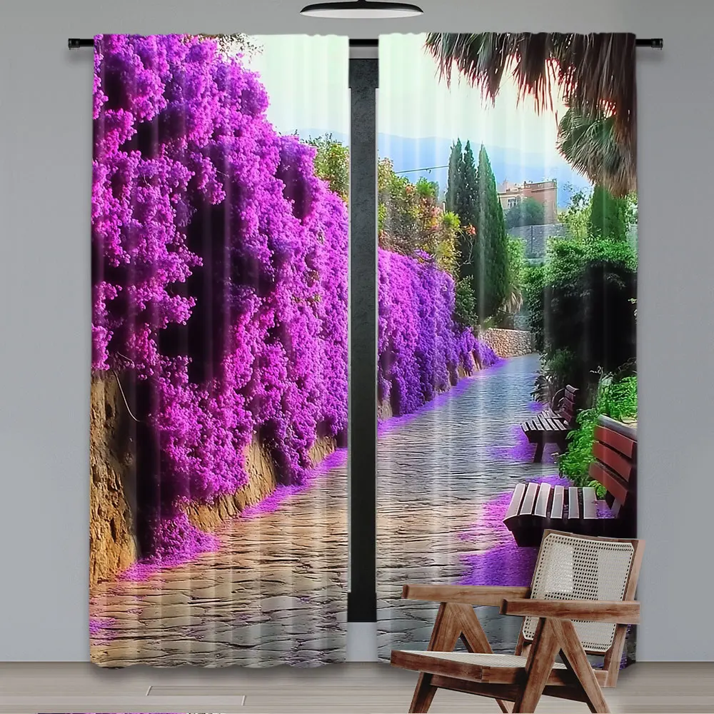 2Pcs Purple Floral Blooming Path Curtains Fashion Curtains Aesthetic Art Personalized Curtains Suitable For Living Room Dorm A