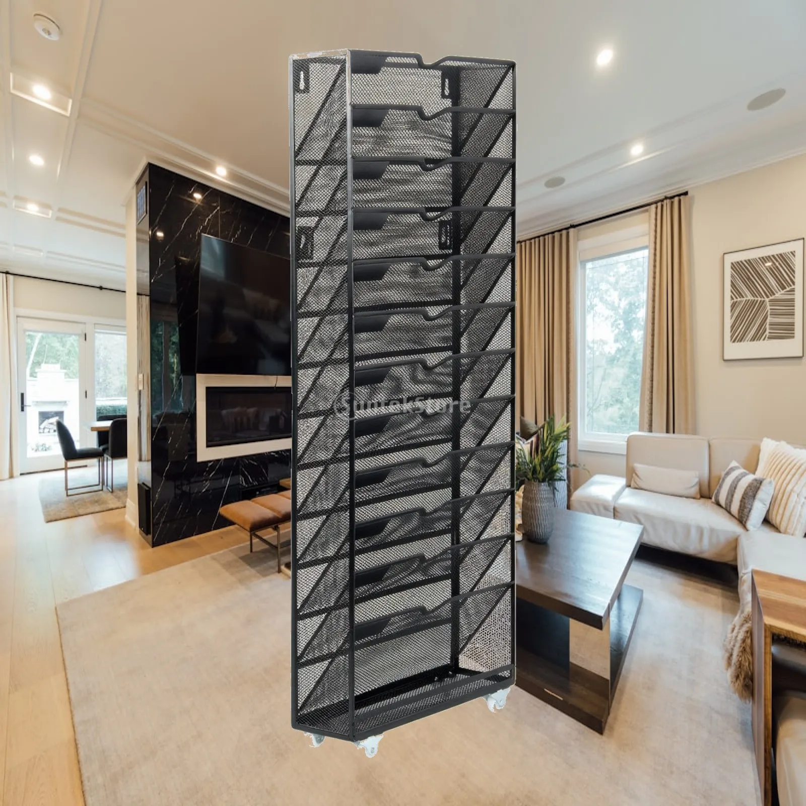 Space Saving Multi Layer Bookshelf Metal Mesh Design with 13 Compartments for Document Sorting