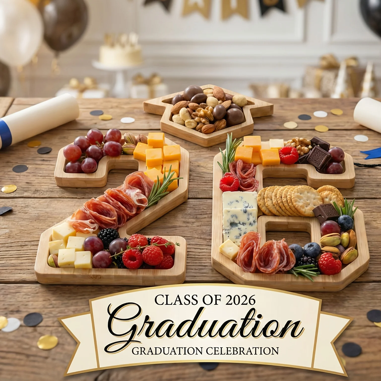 

Decorations for The 2026 Graduation, Including Table Centerpieces, a Charcuterie Board Featuring The Number 26 And a Graduation