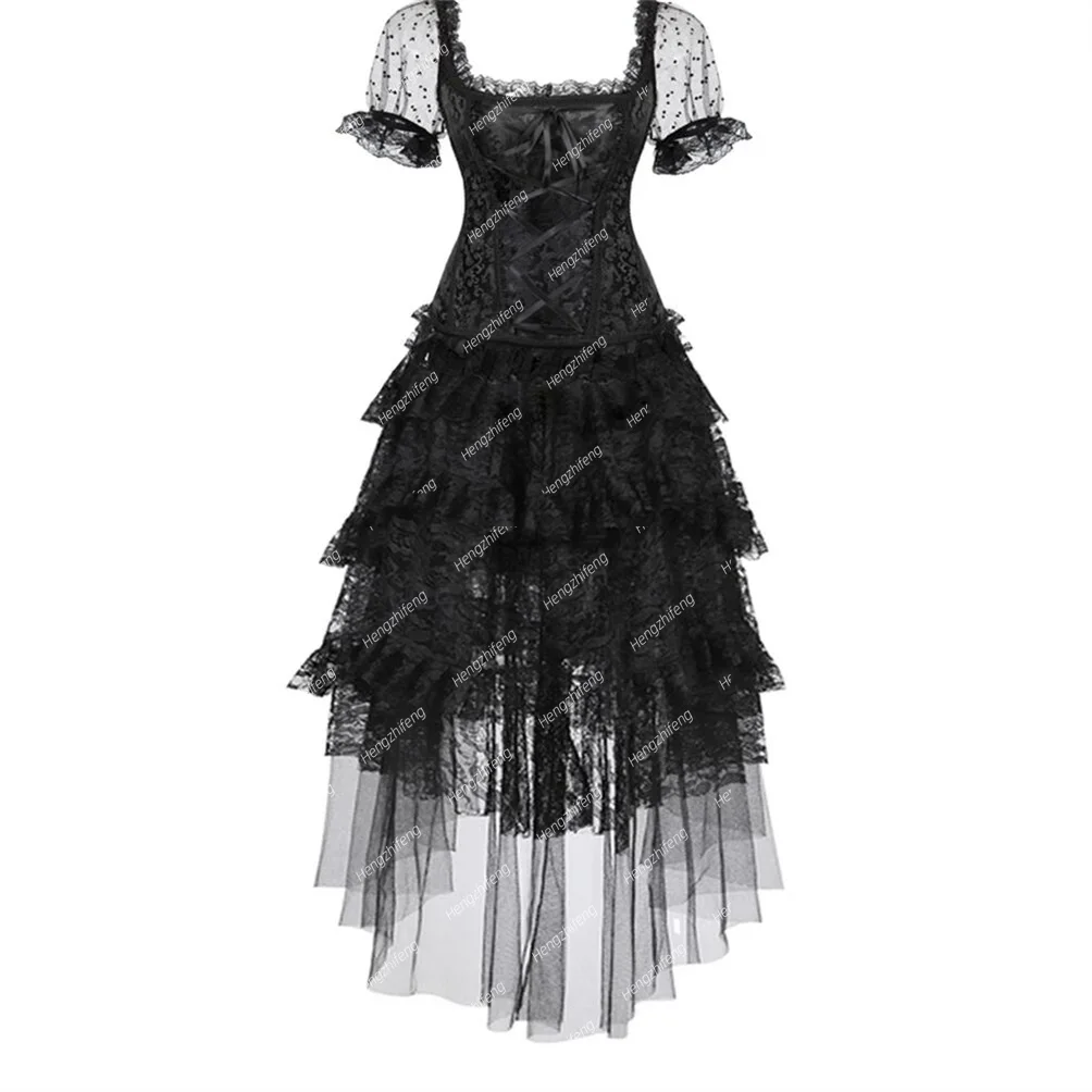 

Винтажное платье-корсет в стиле бурлеск для женщин, бюстье на шнуровке с юбкой, корсаж с рукавами, готический костюм в стиле стимпанк, большие размеры