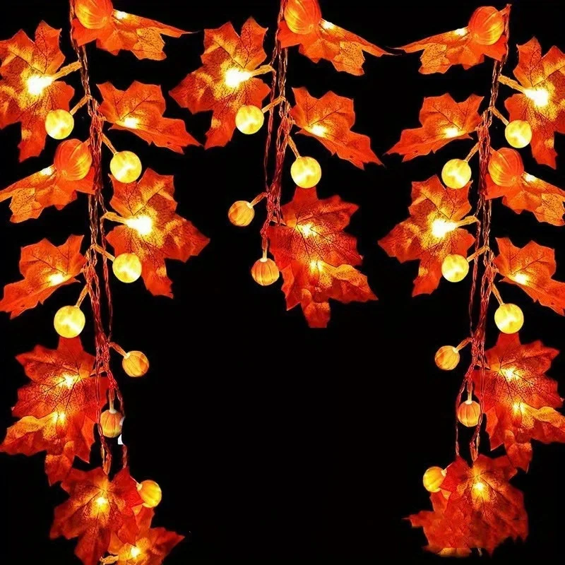 1pc, 10/20LED Thanksgiving Halloween Maple Leaf Pumpkin Decorative Light, Battery Powered, Fairy String Decorative Light String