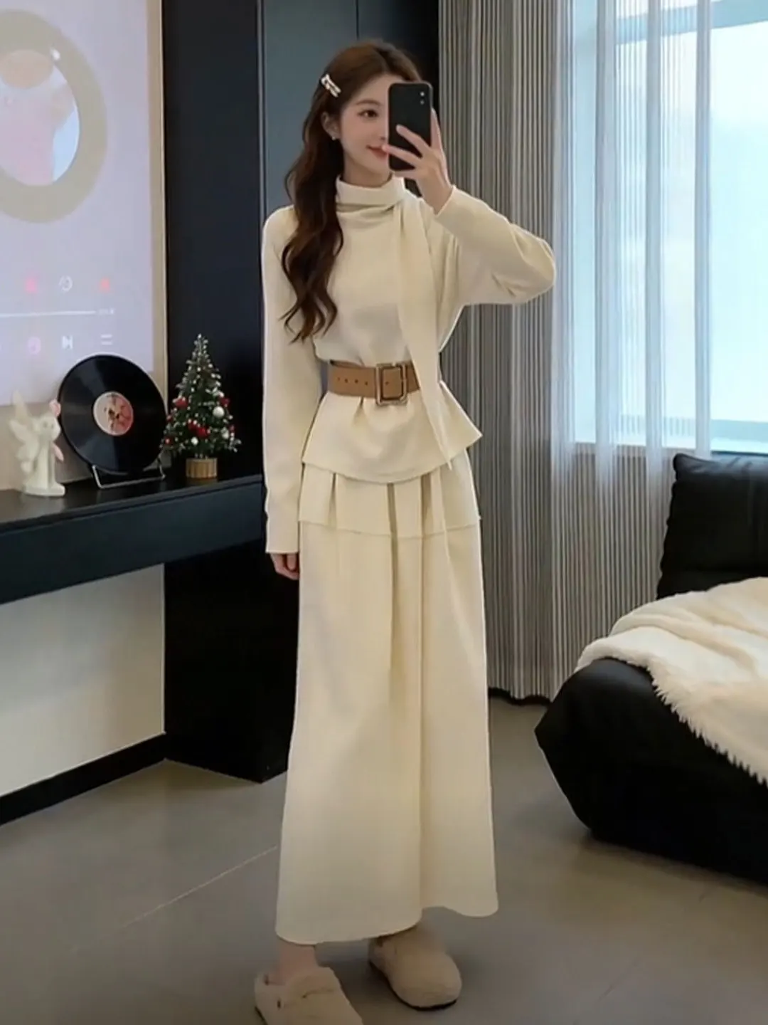 

Шикарный корейский зимний наряд, комплект из двух предметов, удобная хлопковая юбка с высоким воротником и высокой талией, комбинированный свитер