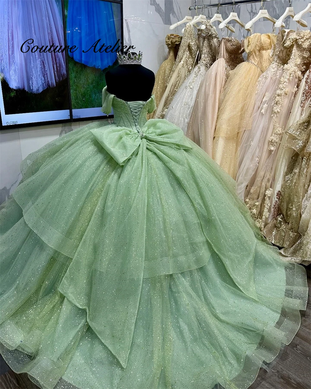 

Sage Green Shinny Off The Shoulder Tulle Quinceanera Dresses Ball Gown Bow Sweet Sixteen Dress Wedding Gowns vestidos de 15 quin