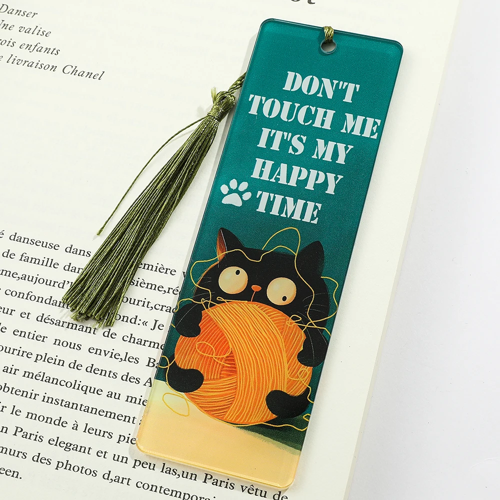 Funny Kitty Reading Bookmark Cartoon Acrylic Page Marker Tassels Cat Bookmark for Bookworm Students Stationery Gifts