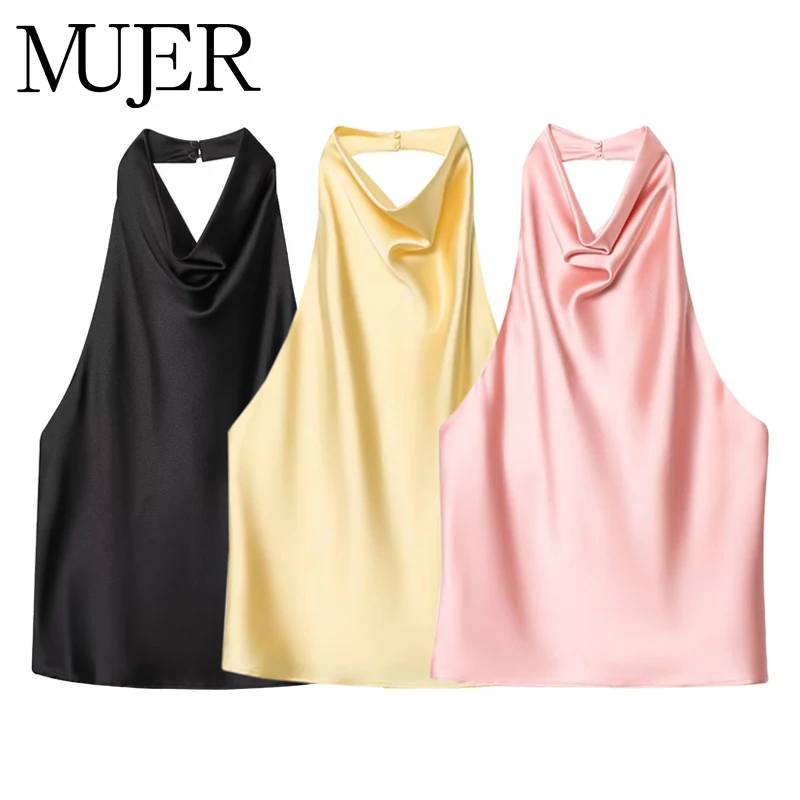 MUJER 2025 Tops con cuello Halter para mujer, Top negro de satén con espalda descubierta, Top rosa para playa de verano para mujer, camisola con hombros descubiertos para mujer