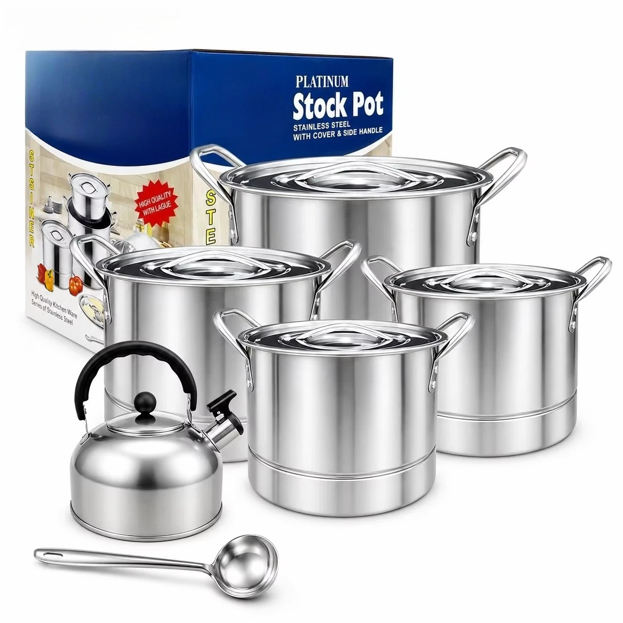 Supermarket Retail Complete Stainless Steel Kitchen Pot Set 4 Stock Pots+Kettle+Spoon+4 Steamer Plates Household Cooking Kit