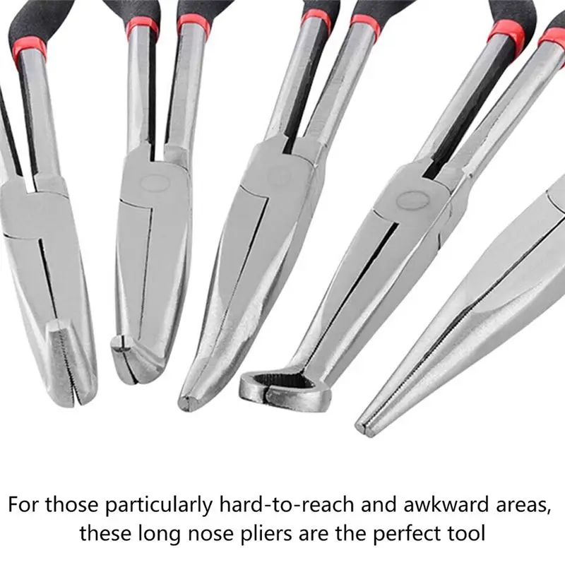 HITL Extended Handle Needle-Nose Pliers 5-Piece Set Elbow O-Shaped Pliers 25/45/90 Degree Bent-Nose Pliers Hand Tools