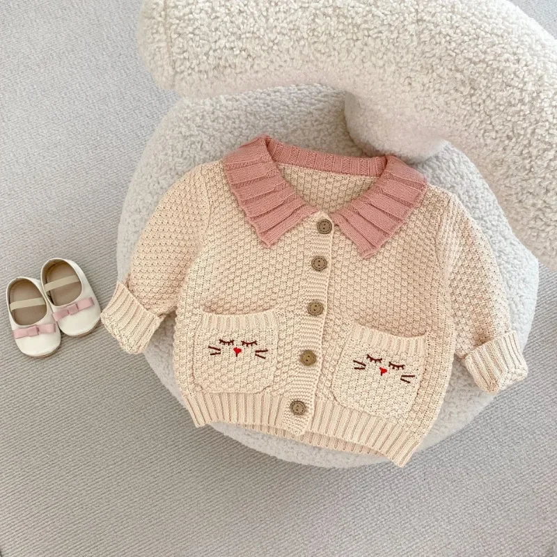 Autumn Baby Sweater Knit Infant Girl Cardigan Long Sleeve Warm Newborn Kid Clothes Fashion Cute Embroidery Pocket Tops Outerwear