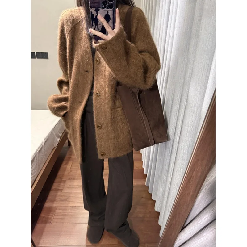 

YYAHAS коричневое шерстяное пальто Maillard с v-образным вырезом для женщин, зимняя высококачественная повседневная куртка средней длины, женская одежда