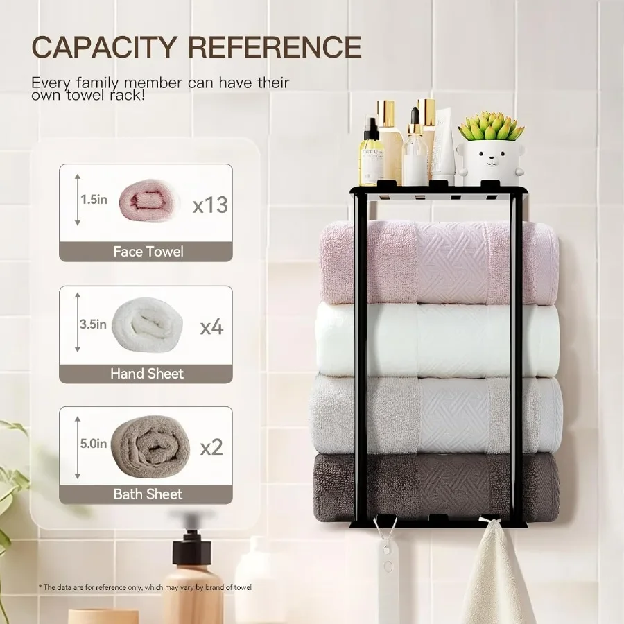 Towel Racks for Bathroom Towel Holder with Shelf and 6 HooksSpace Saving Vertical Hanging Towel Rack Sturdy Metal Wall Mounted