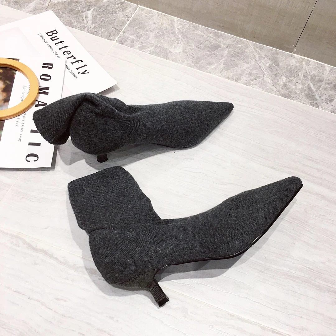 AIYKAZYSDL 2024 Autumn Kitten Low Heel Ankle Boots Women Pointed Toe Slouchy Stretch Short Bootie OL Shoes Gray Sock Boots
