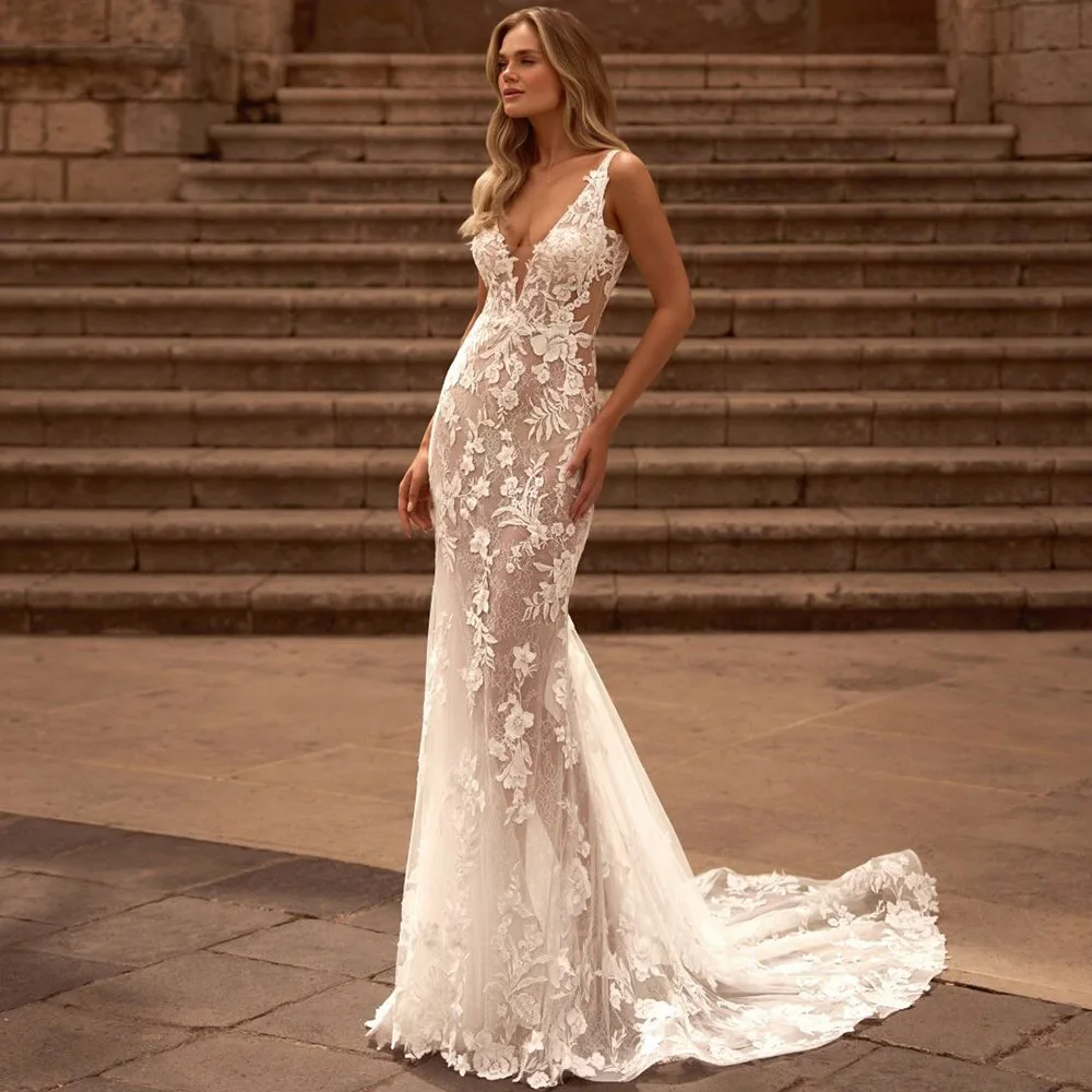 Fashion Deep V-neck Sleeveless Customized Robe de mariée Exquisite Appliques Tulle Wedding Dress Elegant Mermaid Bridal Gowns