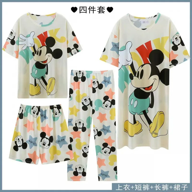 

4pcs Mickey Mouse Pajamas Set Pyjamas Women's Summer Cartoon Nightdress Summer Shorts Short-sleeved Housewear Pijamas Women