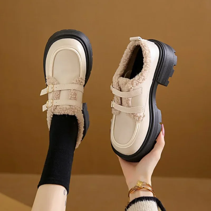 British Style Leather Shoes for Girls Winter 2024 Thick Soled Lamb Wool Warm  Uniform School Cotton Shoes Plush PU woman