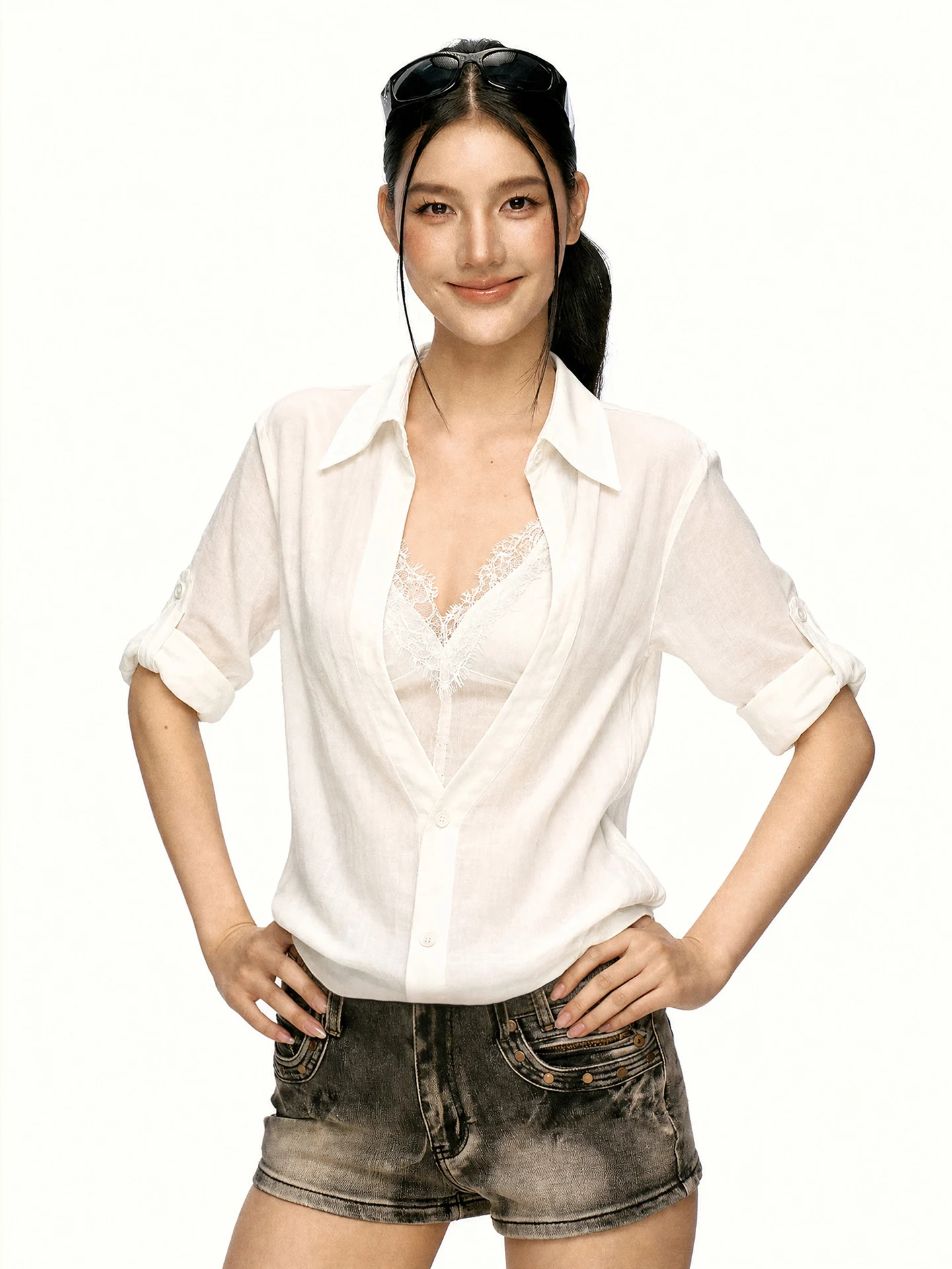 Aaisup White Lace Splice Mid-Sleeve Women's Shirt Casual Style Loose Fit Sun Protection Fake Two-Piece Design Summer 2026