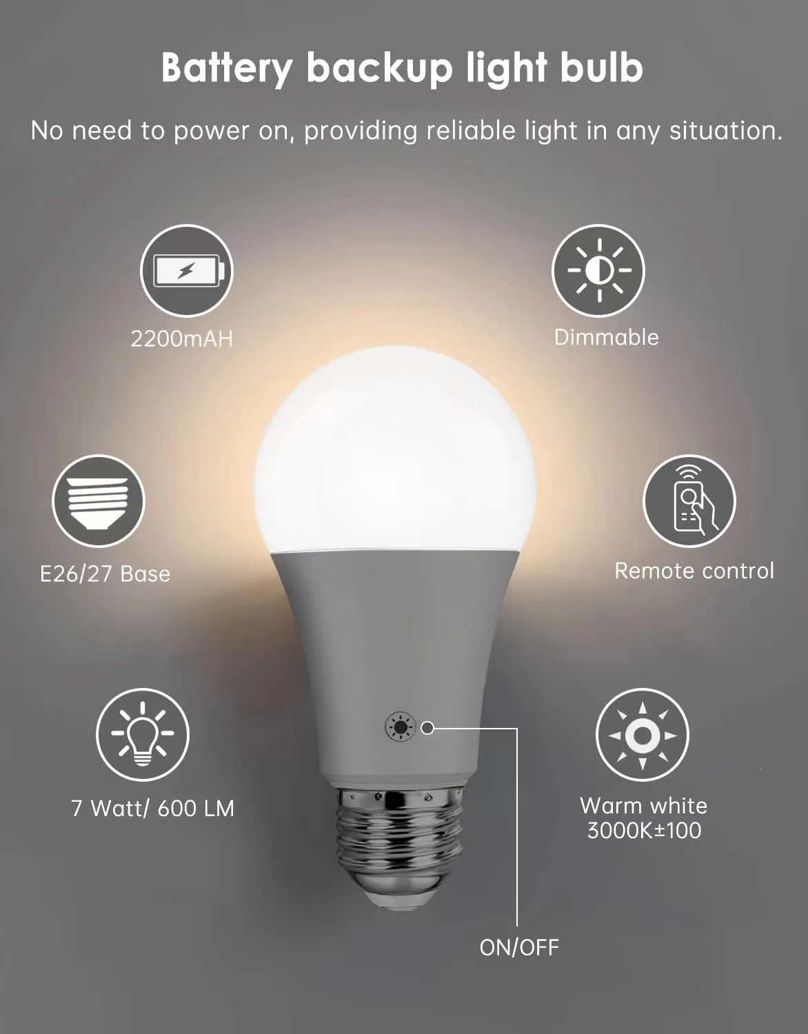 Rechargeable Light Bulbs with Remote, Dimmable Battery Powered Light Bulbs, A19 Standard Size Emergency LED Light Bulbs, 2 Pac