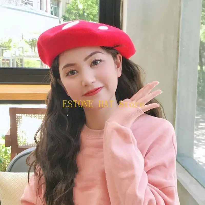 49MF Sweet Girl Mushroom Hat for Cold Weather Female Cap Autumn Winter Wool Hat Elegant Casual Headwear Accessory
