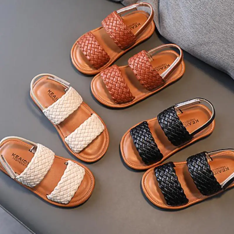 Girl Sandals Braided Open Toe Fashion Vacation Summer Children Flat Shoes Solid Color Comfy Outdoor Anti-slip Kids Sliders