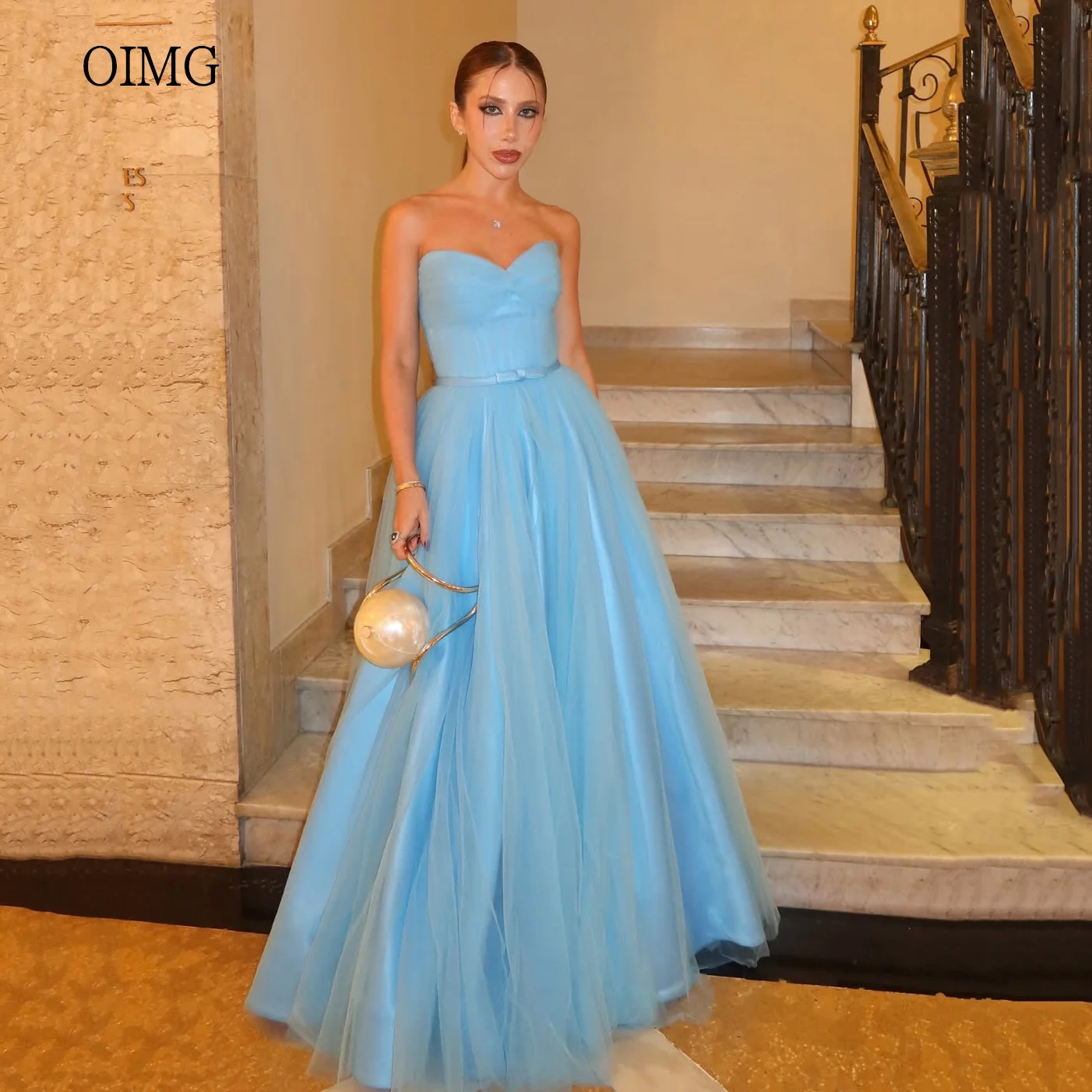 

OIMG Pastrol Blue Sweetheart Neck A Line Prom Gowns Sleeveless Party Gown Floor Length Evening Dress vestidos de gala Customized