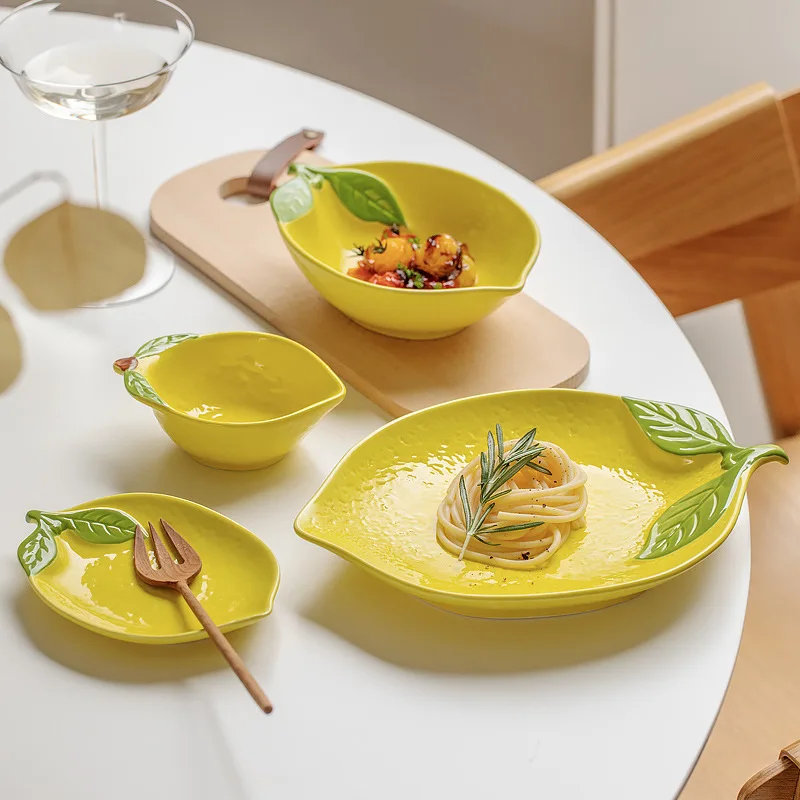 Ensaladera de cerámica con forma de limón de dibujos animados creativos, cuenco para sopa, plato para aperitivos y frutas familiares, accesorios de utensilios de cocina