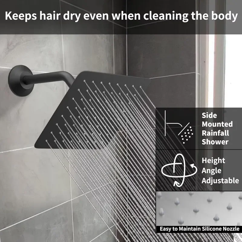 Wall Mounted Matte Black Shower Head Waterfall Bath Shower Faucets Shower System Set view 3