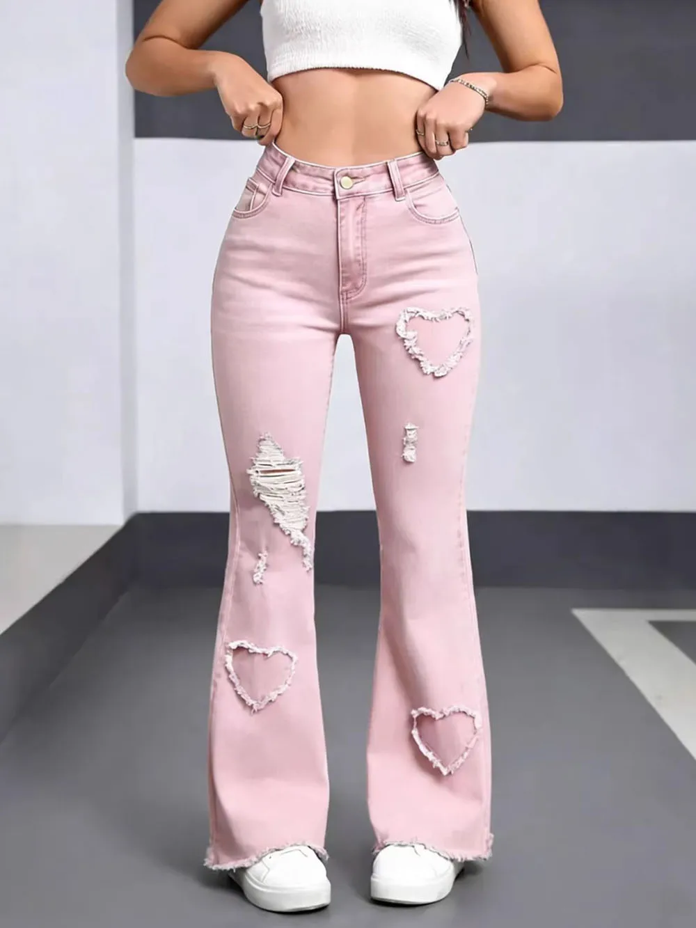 

New Hot Sale Heart Pattern Jeans Ripped Hole Design Flared Pants Solid Color Slim Fit Fashion Casual Women's Trousers