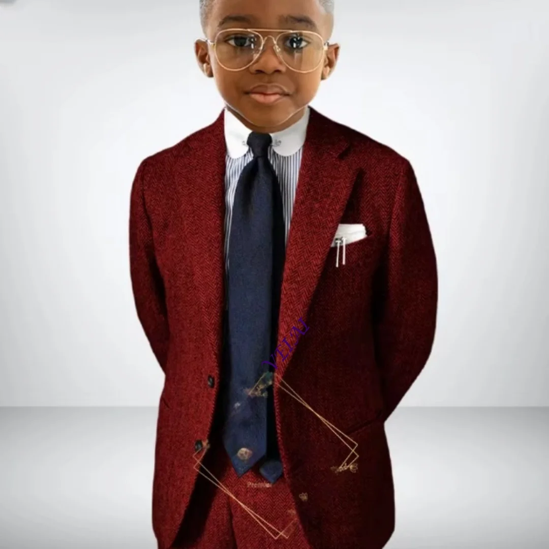 Boys' 2-Piece Suit Set - Classic herringbone fabric, notch lapel, vintage British style suitable for boys aged 3-16.