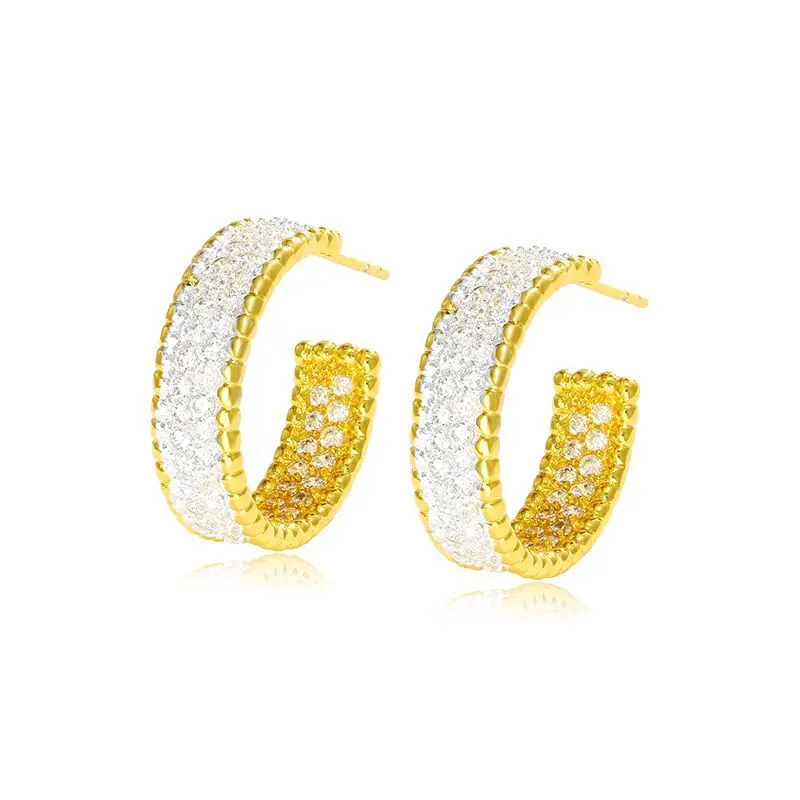 Wholesale--- C shaped Full Micro Inlay Zircon Hoop Earrings for Women Fashion Jewelry Gold Plated 24 k