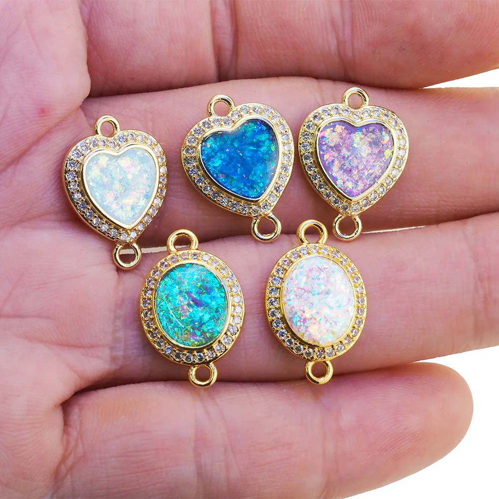 Natural Opal Colorful Round Heart Pendant Connectors CZ Zircon Gold Plated DIY Bracelet Jewelry Making Accessories Gem For Women