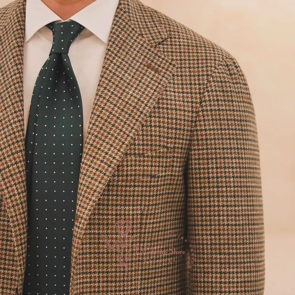 Men's Houndstooth Camel Jacket Leisure Business Blazer Regular Fit for Wedding Dinner Birthday Family Party, Custom Tuxedo