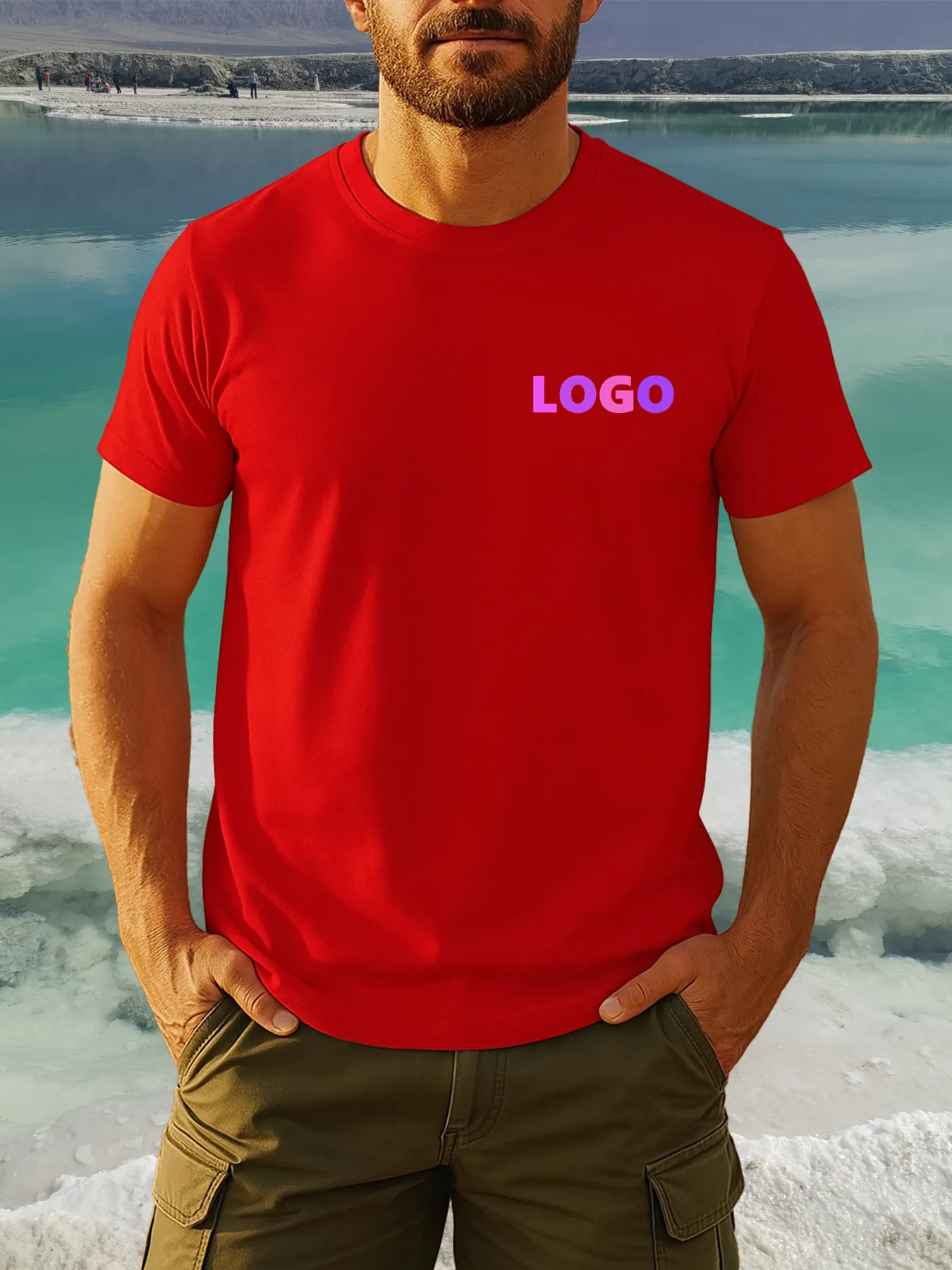 تي شيرت رجالي قابل للتخصيص - نص مخصص "You Design Here"، نمط هندسي، قطن ناعم، كاجوال برقبة دائرية وأكمام قصيرة