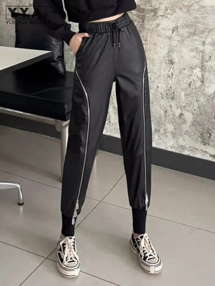 Spring Streetwear Women Casual Joggers Harem Pants Zipper Slim Fit Elastic Waist Trousers Female Sheepskin Genuine Leather Pants