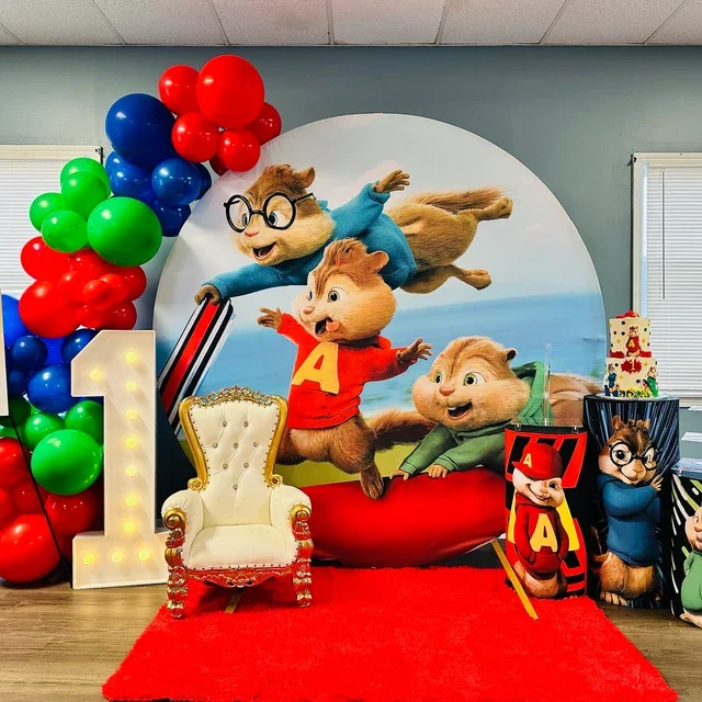 خلفية صورة مستديرة من Alvin and the Chipmunks لتزيين حفلات أعياد ميلاد الأطفال، أغطية أسطوانية دعائم للتصوير الفوتوغرافي