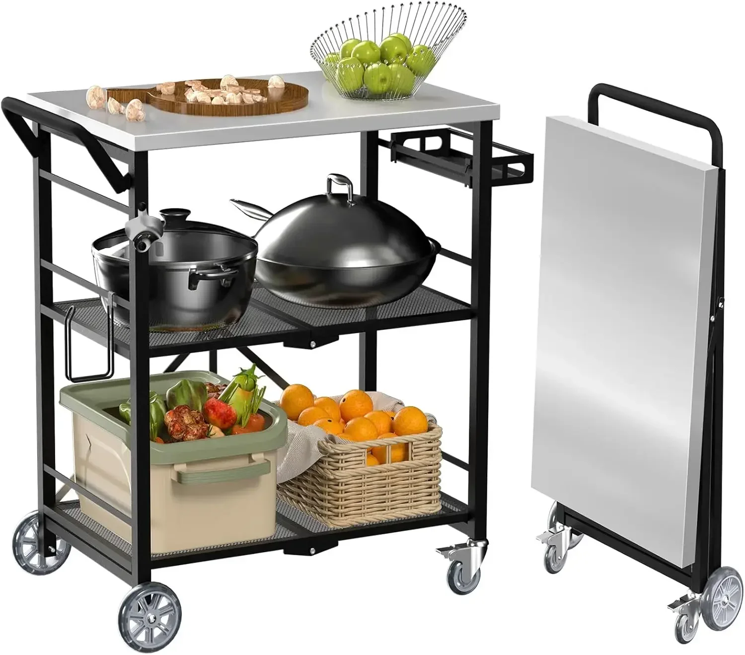 Grill Cart, Metal Pizza Oven Stand Table with 2 Total Lock Casters, 3 Shelf Foldable Kitchen Island Cart ，Stainless Steel Outdoo