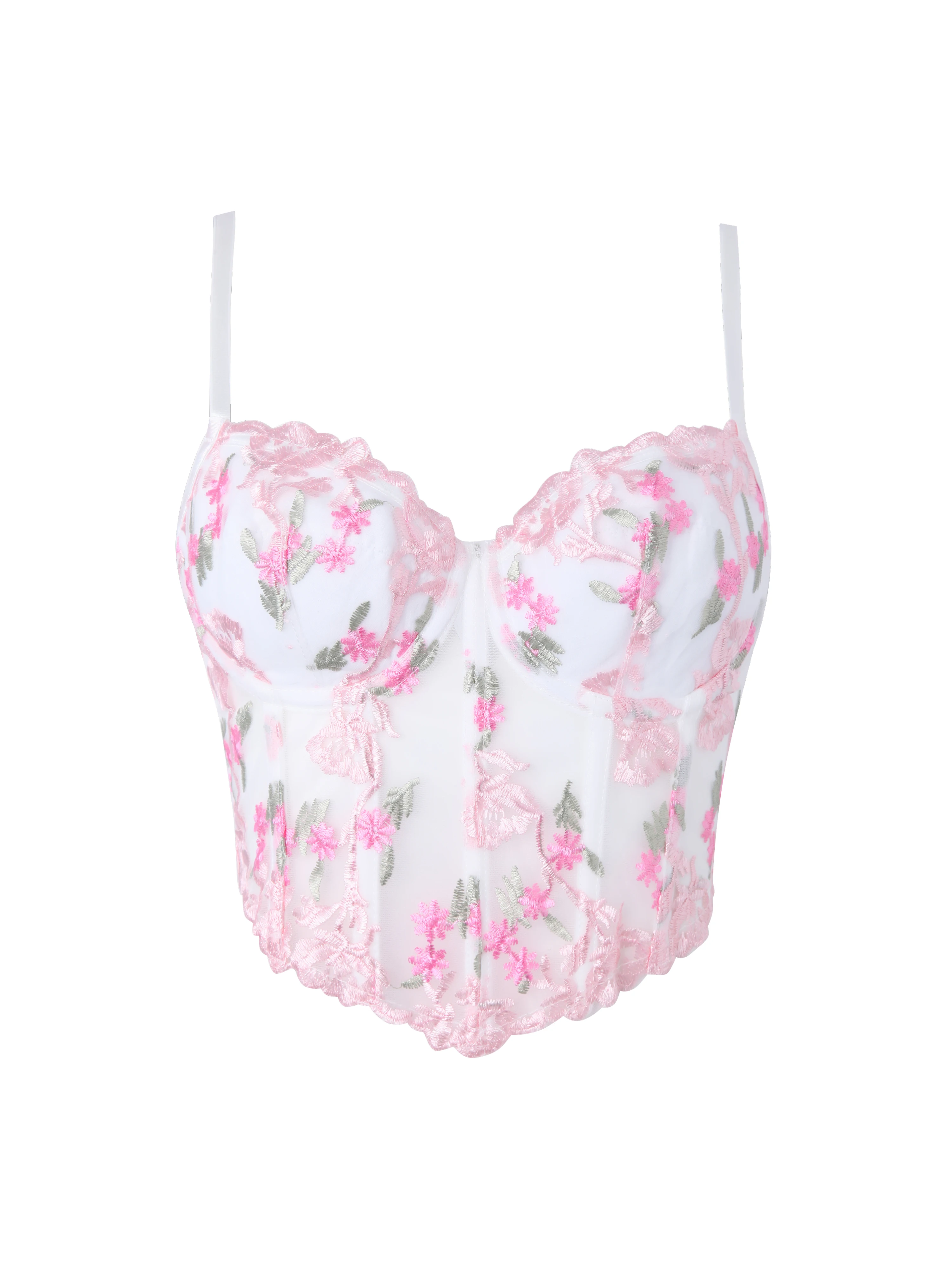 Damen-Korsett mit weiß-rosa Blumenstickerei, Spaghettiträgern, gepolsterten Cups, Schnürung am Rücken und Taillenformer-Bustier