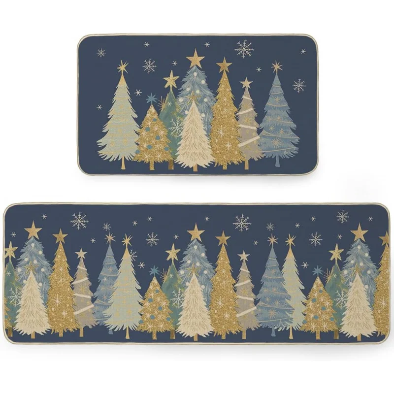 Christmas and Winter Kitchen Floor Mat 2-piece Set Seasonal Holiday Party Decoration Door Mat 16inX24in 17inX47in