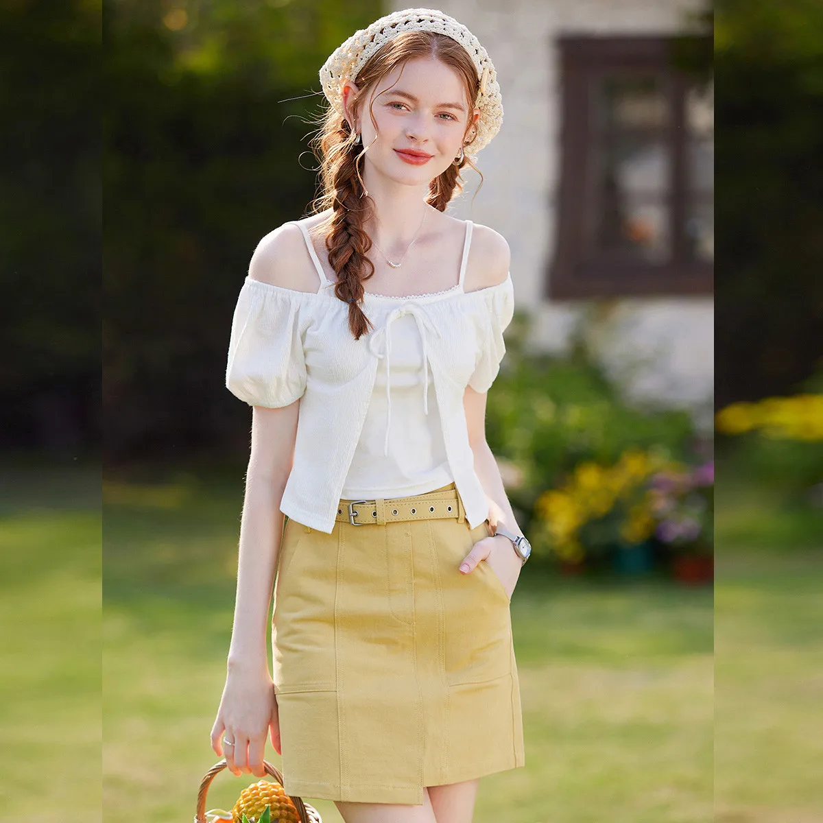 LOUISYAO Dolce Design in Tinta Unita Manica Corta Tees 2025 Estate NewTops Pullover Falso in Due Pezzi Patchwork T-Shirt da Donna