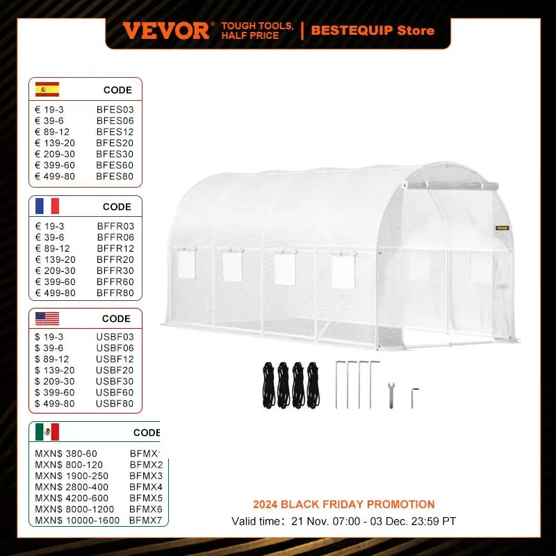 VEVOR 15x7x7ft Portable Walk-in Tunnel Greenhouse with Galvanized Steel Hoops 1 Top Beam Diagonal Poles 8 Roll-up Windows White