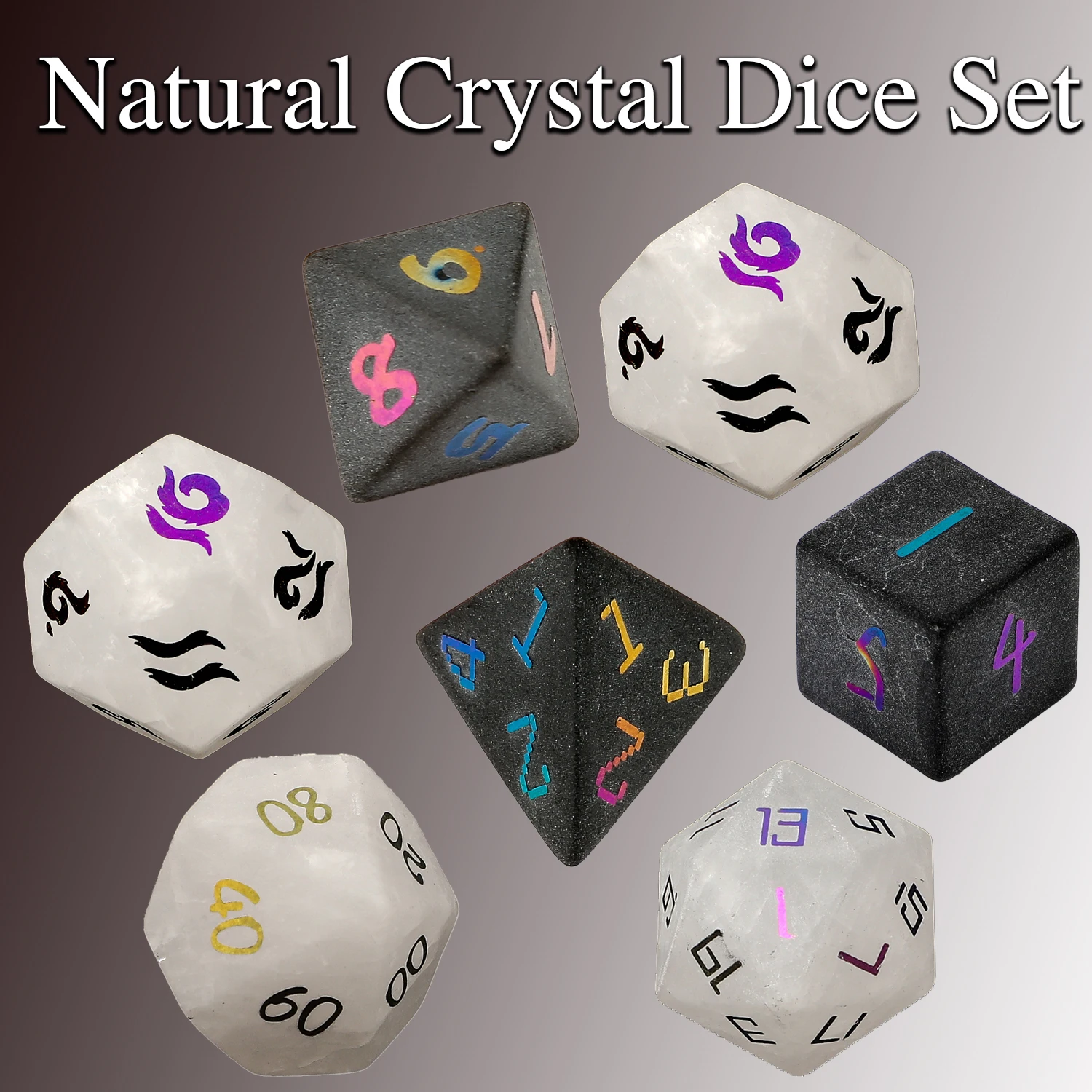 Natural Crystal Quartz Obsidian Rainbow Raised Number RPG Multi Sided Polyhedral Dice Set Adult DND Game Collection Gemstone