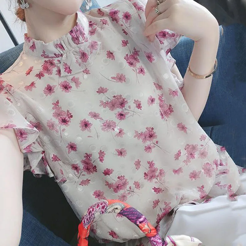 Women Elegant Fashion Floral Chiffon Stand Collar Blouses Casual Summer 2023 Loose Flying Sleeve All-match Pullover Shirt Female