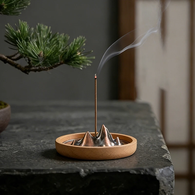 Porte-encens vintage en forme de montagne pour bâtonnets, base en bois massif, brûleur d'encens antique avec cendrier pour la maison, le yoga et la méditation