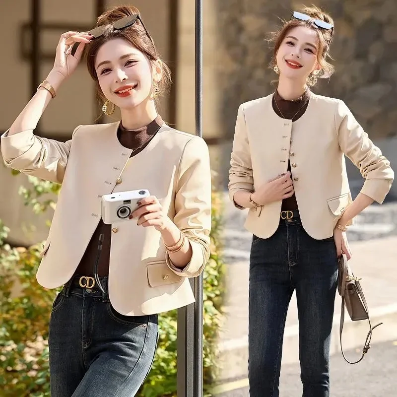 Chaqueta de cuero para mujer, abrigo corto de cuero informal con cuello redondo, moda Retro, primavera y otoño, 2026