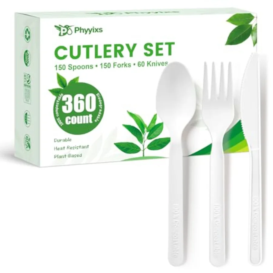 

360pc Compostable Cutlery Set: 150 Forks, 150 Spoons, 60 Knives. Extra Heavy Duty Plant-Based Sierware, Heat Resistant BPA-Free