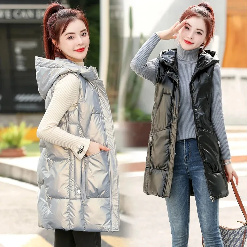 

New Women Winter Bright Vests Jacket Parker Hooded Thick Vest Waterproof Cotton Padded Sleeveless Coat Female Warm Waistcoat