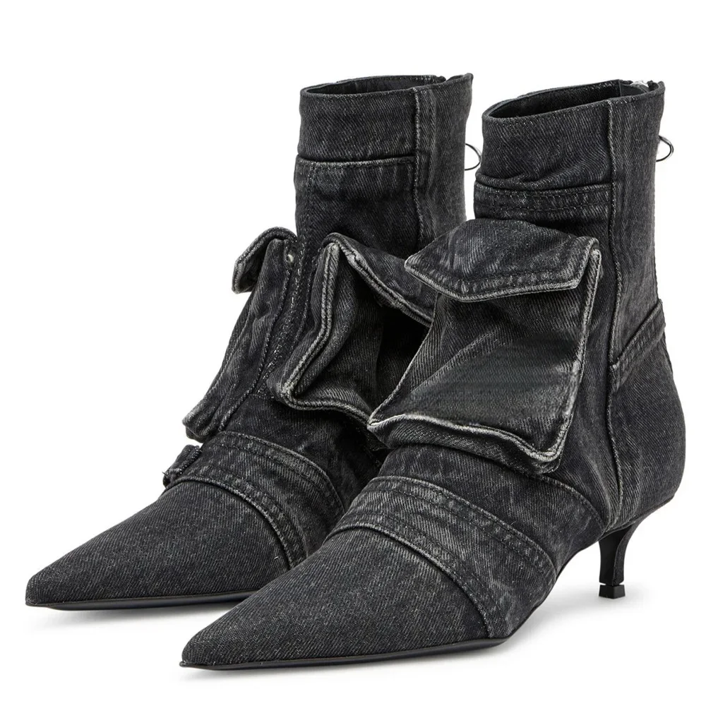 Women Shoes Washed Denim Pocket Boots Fashionable Pointed Thin Low Heel Rear Zipper Short Boots Botas De Invierno Para Mujer