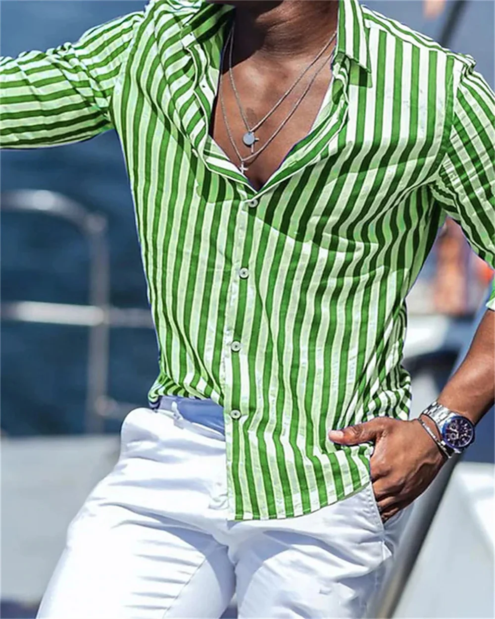 

2024 New Men's Long sleeved Green Stripe Printed Shirt Social Luxury Men's Wear Hawaii Elegant Classic Fashion Solid Color