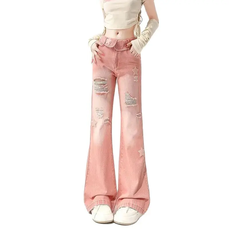 

Bell-Bottoms Denim Flange Pink Star High Waist Ripped Jeans Harajuku Y2k Aesthetic Korean Vintage Large Size Women Trousers