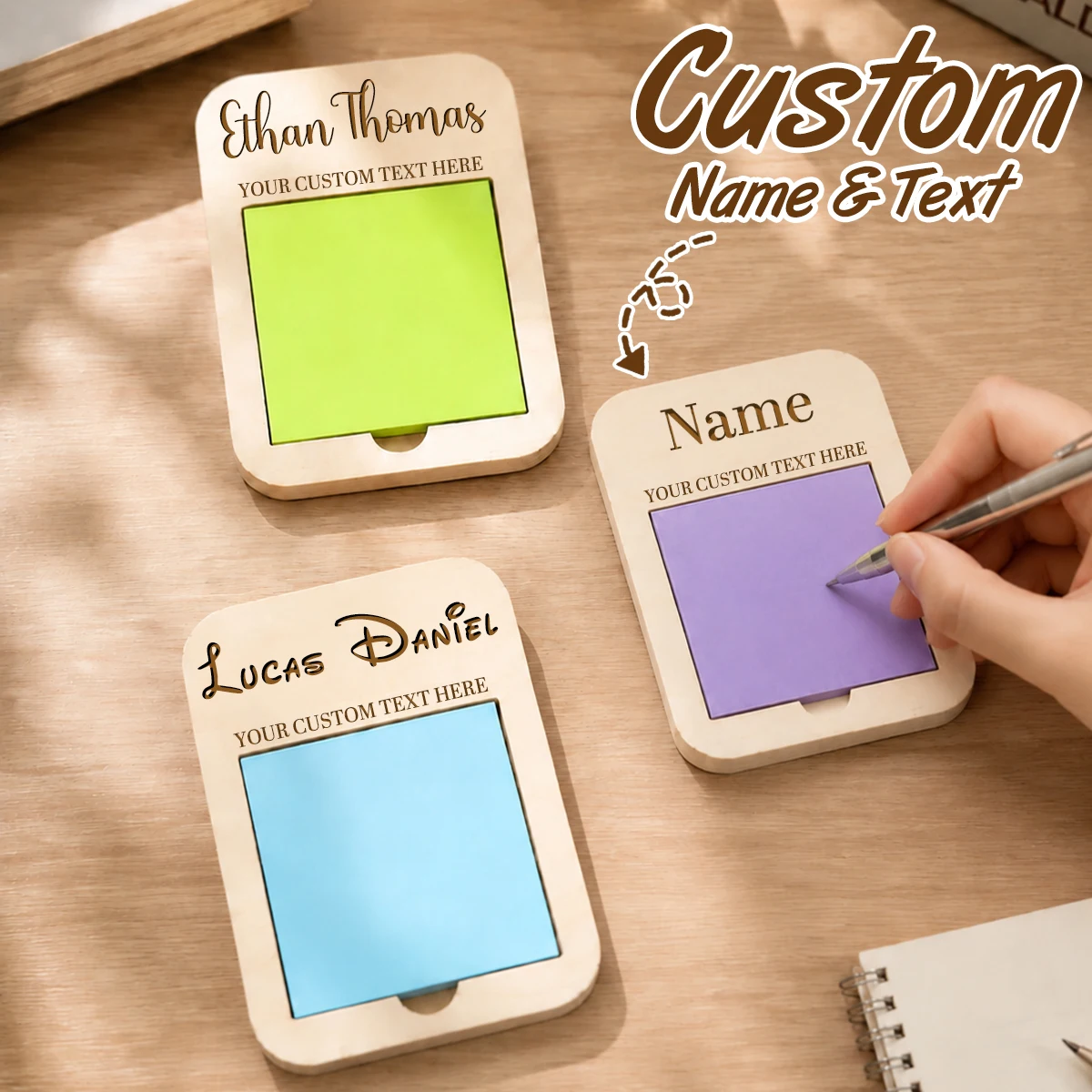 Custom Wooden Sticky Note Holder Personalized Desk Memo Pad Minimalist Office Decor Customized Name Note Pad Organizer