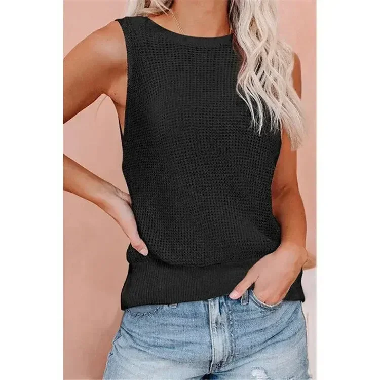 2024 Spring/summer New Knitted Sweater Top Waffle Check V-neck Open-back Vest/t-shirt