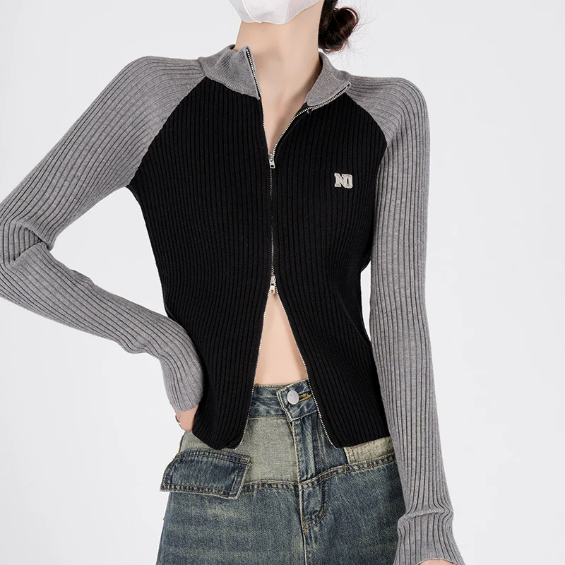 

Женский вязаный свитер в корейском стиле, кардиган, мотоциклетная уличная одежда, рукава реглан, двойная молния, облегающий повседневный топ с длинными рукавами